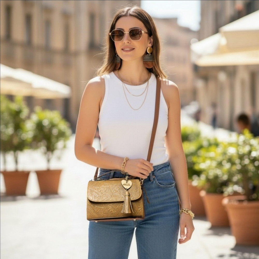 Camel Beige Sunflower Embossed Tooled Artisan LEATHER Crossbody bag Purse - Picture 16 of 16